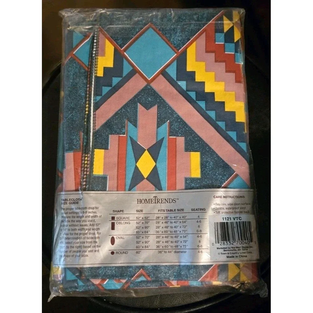 Vintage 90s Green HomeTrends Aztec Flannel Back Vinyl Tablecloth 60